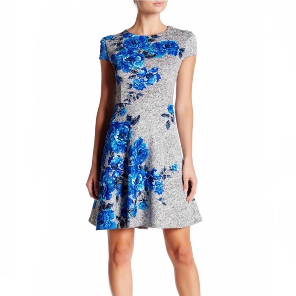 Betsey Johnson Gray Knit Fit-and-Flare Dress with Blue Floral Print